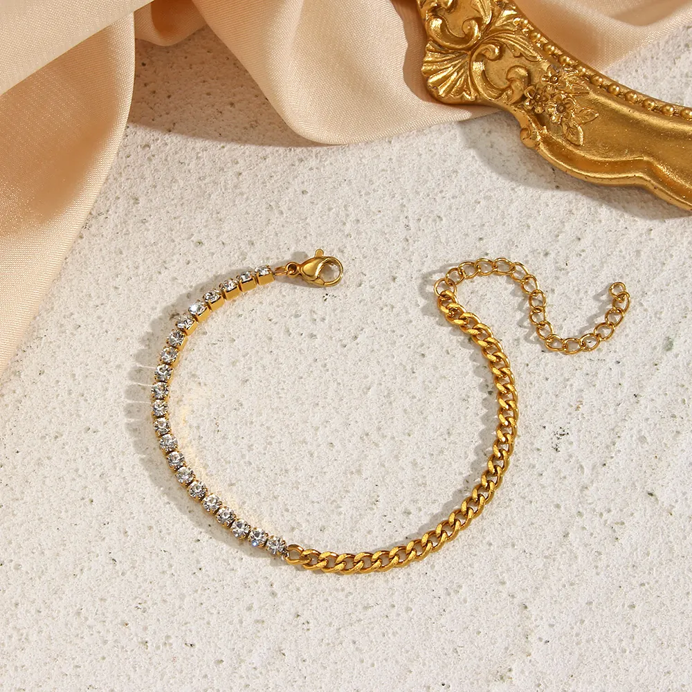 Fashion Stainless Steel Zirconia Patchwork Necklace And Bracelet For Women Golden Cuban Chain Pave Zirconia Jewelry