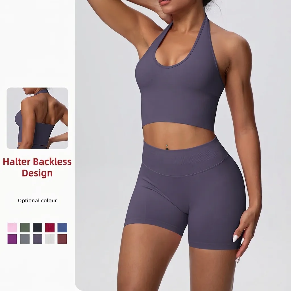 Women Halter Neck Seamless Ribbed Knit Yoga Set High Waist Shorts And Backless Sport Bra 2 Piece Activewear Workout Outfit