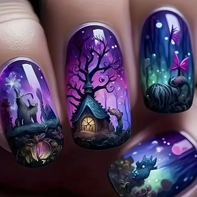 Faux Ongles Plastique ABS Moyen Long Carré Halloween Forêt Fantastique Aurore Dégradé Loup Lune Pour Femmes