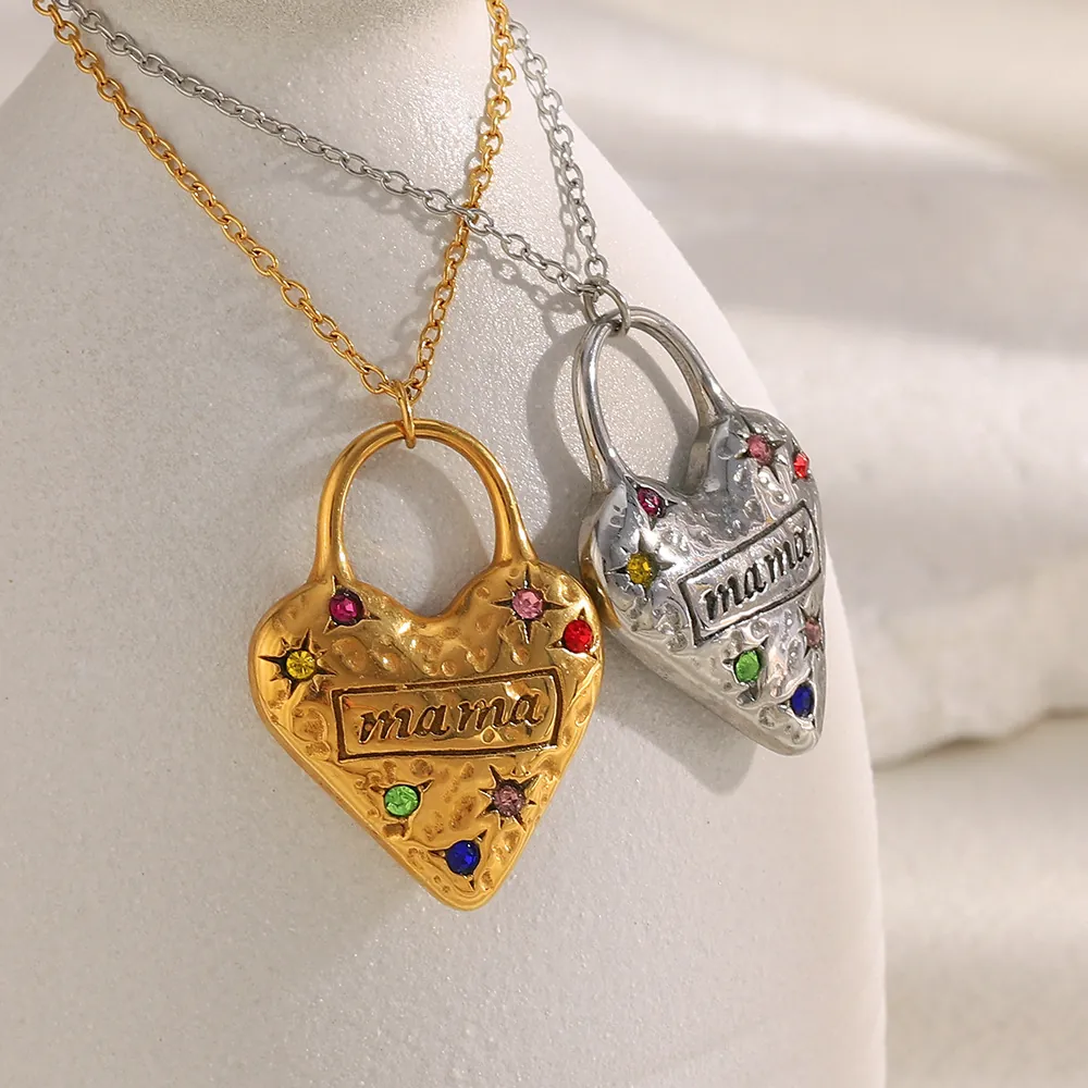Collana Con Ciondolo A Cuore Mama In Acciaio Inossidabile Placcato Oro 18K Con Zircone Colorato Gioielli Da Donna