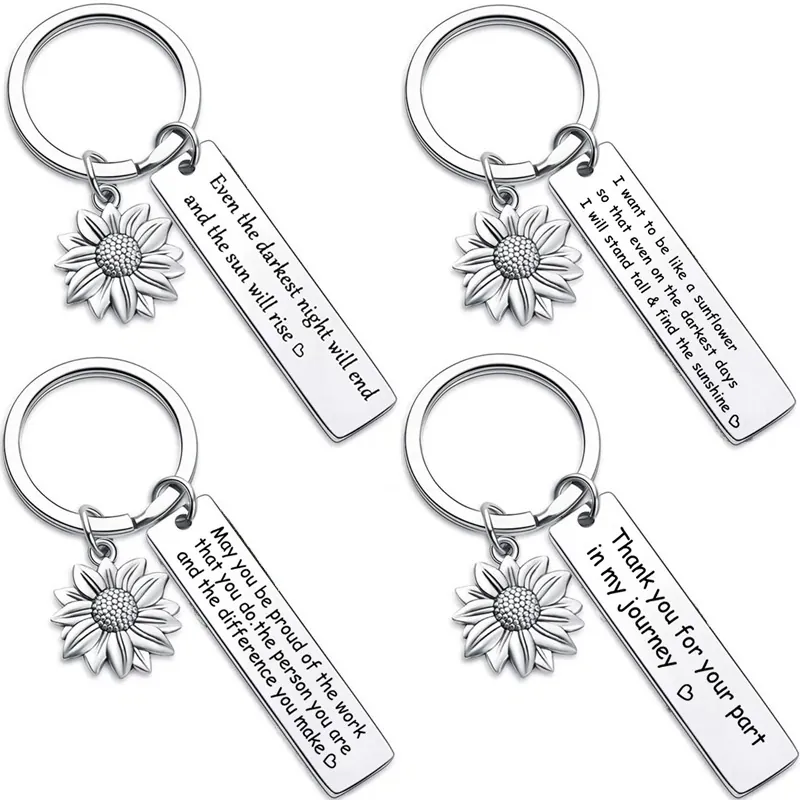 Sunflower Keychain Stainless Steel Laser Engraved Inspirational Quote Silver Tone Pendant Gift For Friend Family