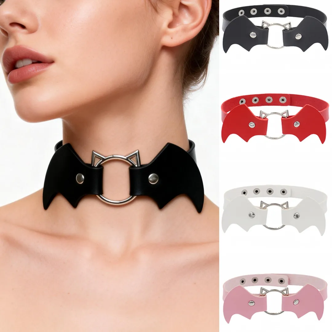 Gothic Bat Wings Choker Necklace With Cat Ear Metal O-Ring PU Leather Punk Collar For Halloween Cosplay Party