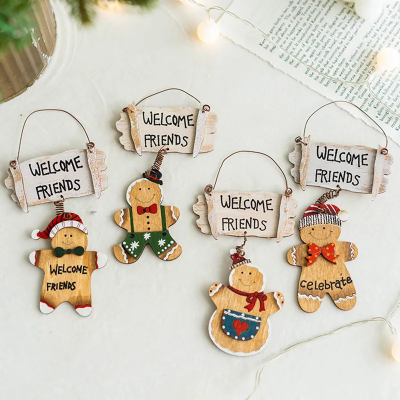 Wooden Gingerbread Man Christmas Hanging Ornament Welcome Friends Door Sign For Christmas Tree Party Home Festive Decor