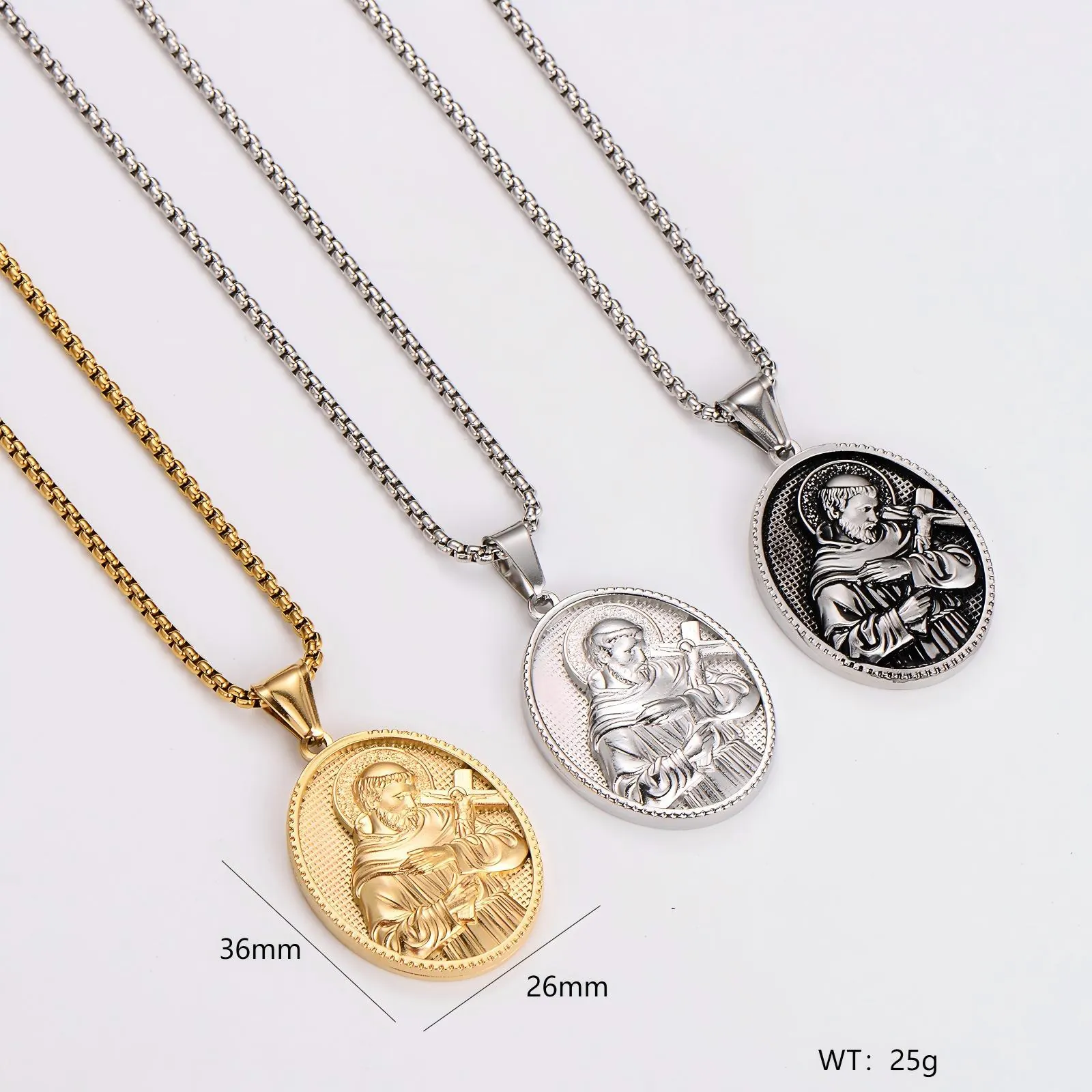 Religious Saint Relief Pendant Necklace Stainless Steel Oval Medal Embossed Jewelry Retro Cool For Men Women