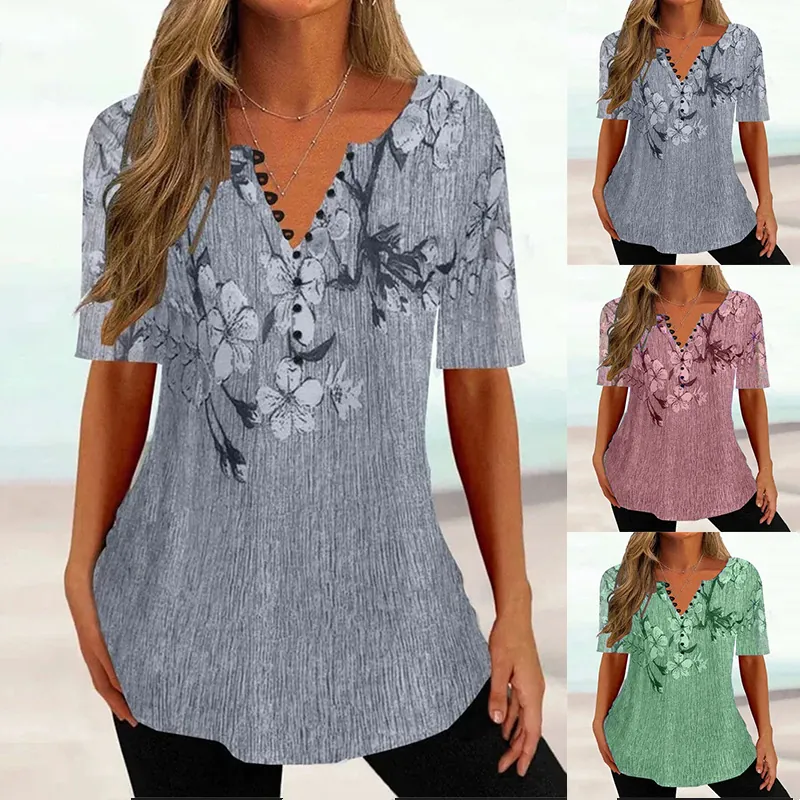 Blusa de Satén con Cuello en V Manga Corta para Mujer con Botones y Estampado Floral Camiseta de Verano Suelta Casual