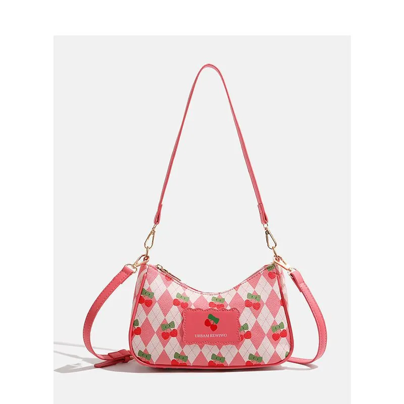Sac À Épaule En Cuir Pu Rose Imprimé Cerise Motif Losanges Style Doux Mode Sac À Main Pour Femmes