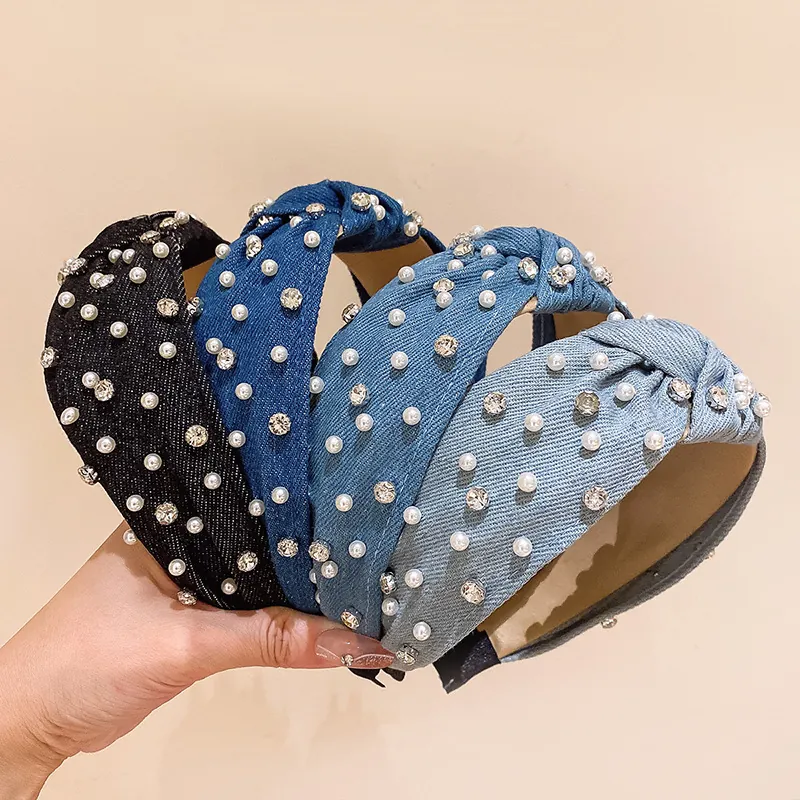 Women Denim Knotted Headband Faux Artificial Pearl Rhinestone Sequin Wide Padded Hairband Retro Fashion Hair Accessory