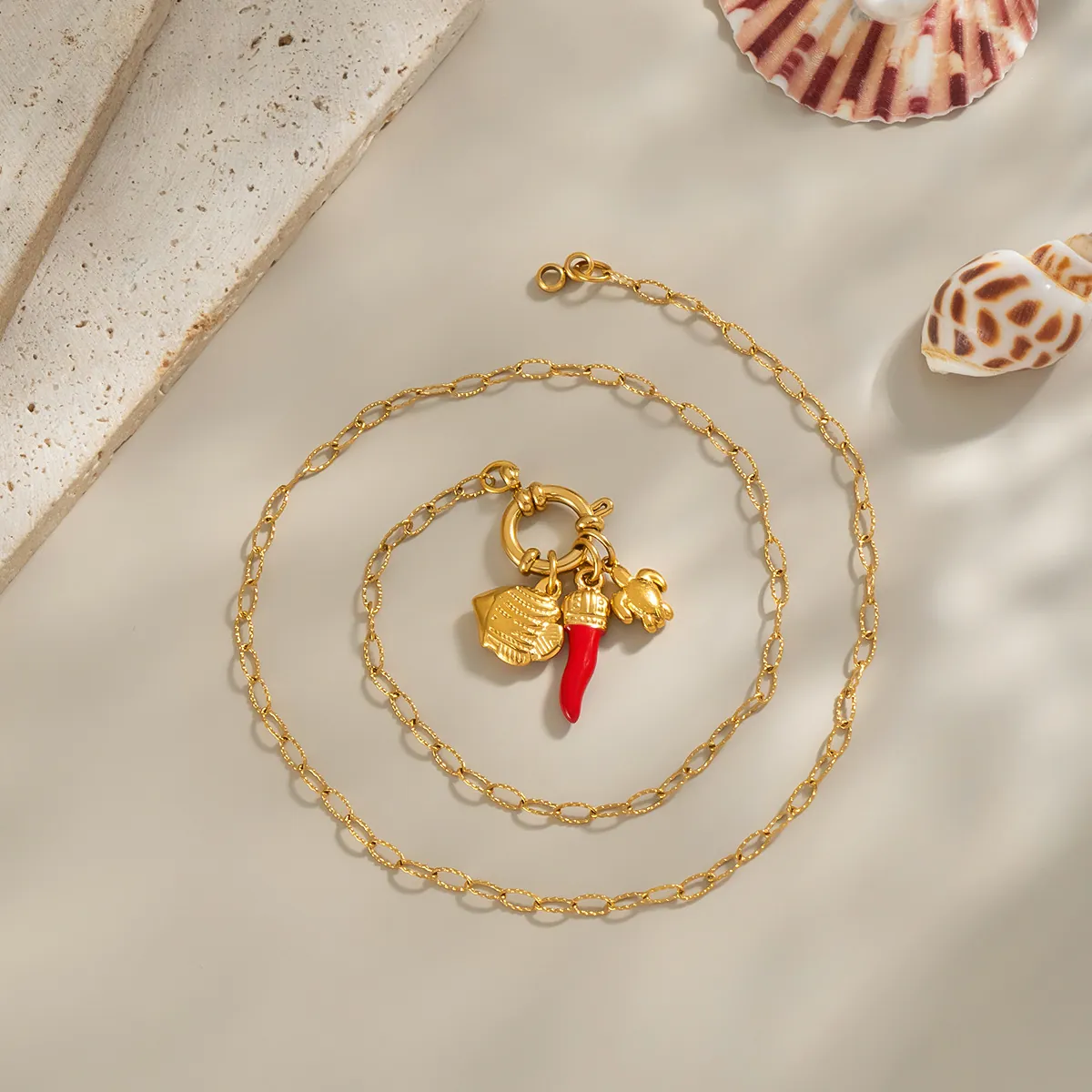 Collana Con Ciondoli Peperoncino Rosso Tartaruga Marina Conchiglia Placcato Oro 18K Acciaio Inossidabile Gioielli Donna