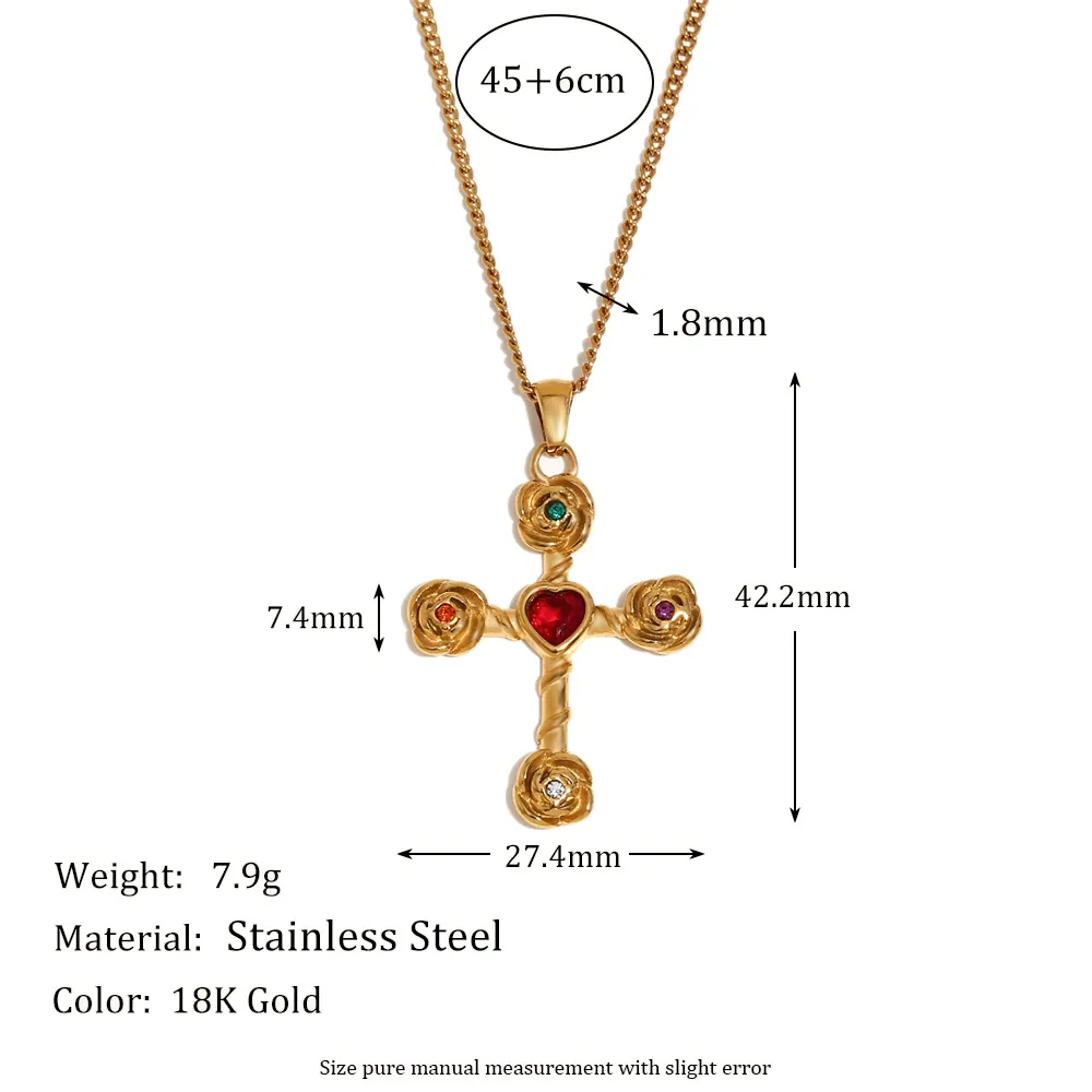 Cross Rose Heart Necklace Earrings Ring 18K Gold Plated Stainless Steel Colorful Rhinestone Retro Creative Women Jewelry