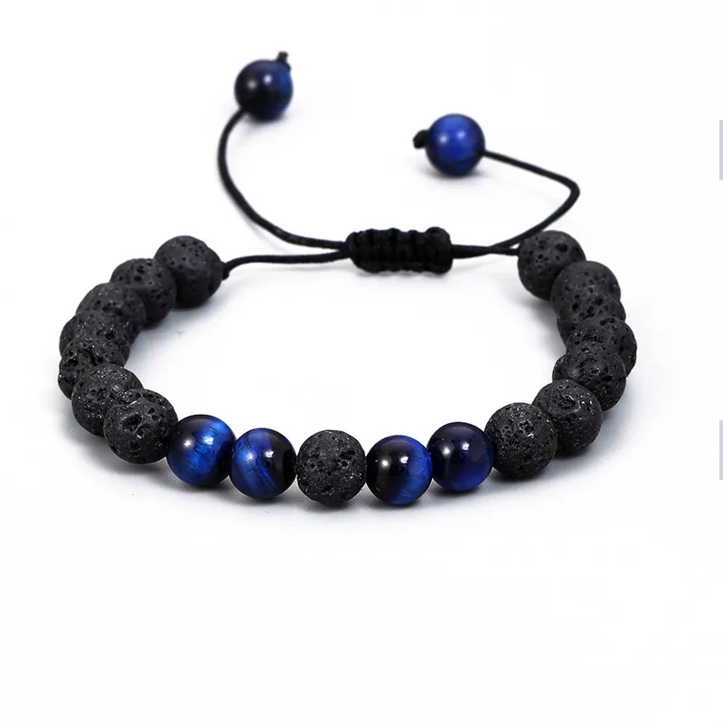 Bracelet En Perles Pierre Volcanique Oeil De Tigre Bleu Naturelle Ajustable Bijoux Fait Main Hommes Unisexe