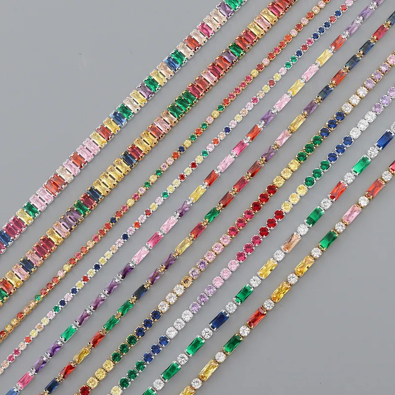 Rainbow Zircon Choker Necklace Copper Real Gold Plated Rectangular Colorful Stone Adjustable Chain Jewelry For Women