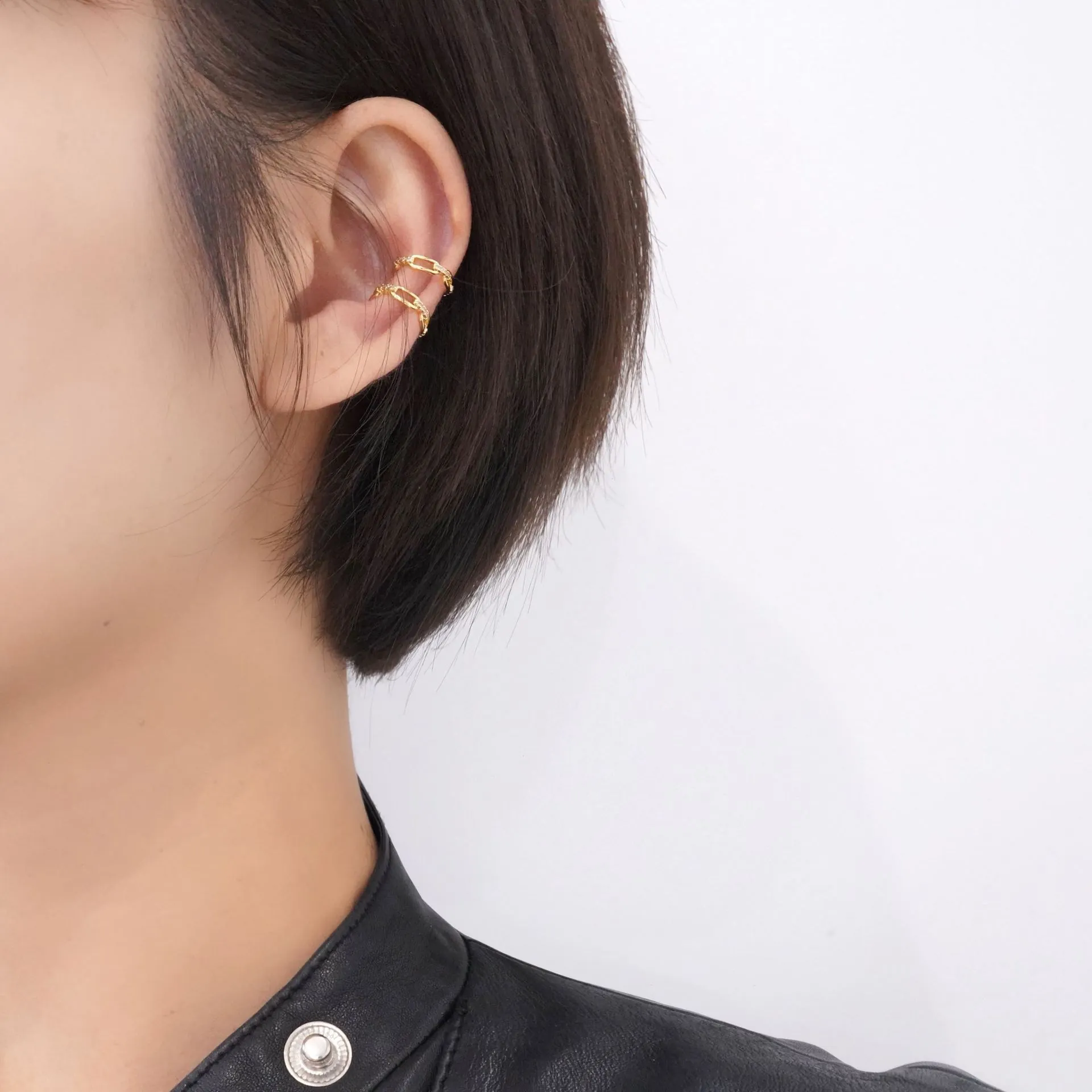Gold Color C-Shaped Ear Cuff Women Double Layer Chain Link Alloy Rhinestone Ear Bone Clip With Silver Earring Post