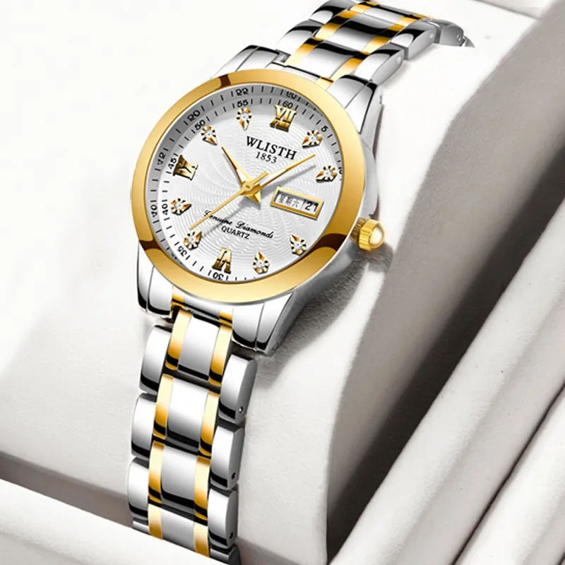 Orologio Al Quarzo Da Donna Business Cinturino In Lega Bicolore Lancette Luminose Visualizzazione Data E Settimana Moda Quadrante In Strass