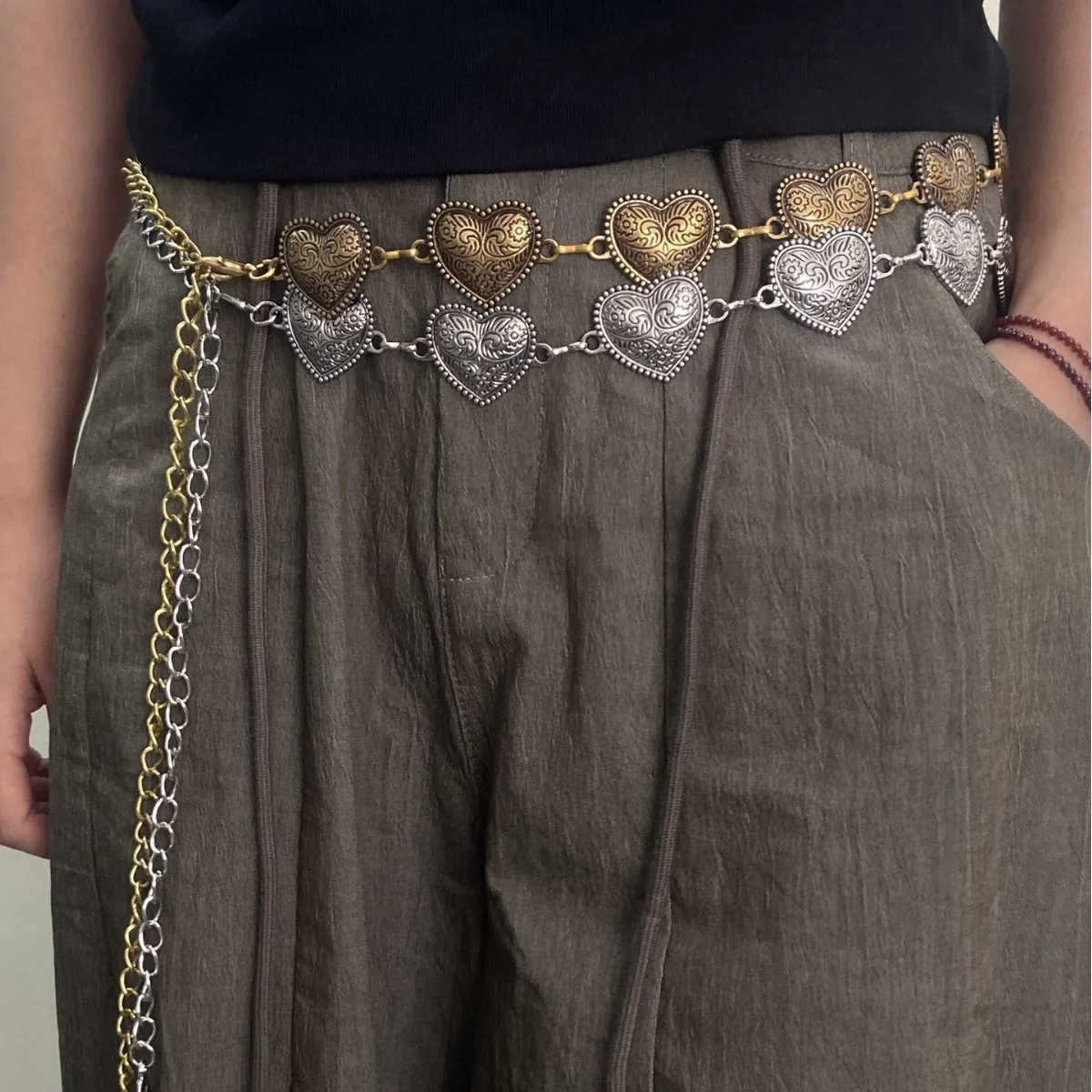 Vintage Heart Metal Waist Chain Belt Embossed Butterfly Carved Tassel Adjustable Bohemian Hip Hop Accessory For Women
