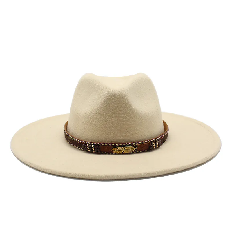 Western Cowboy Fedora Hat Wool Felt Wide Brim Jazz Hat With Gold Metal Feather Band Ethnic Style For Men Women