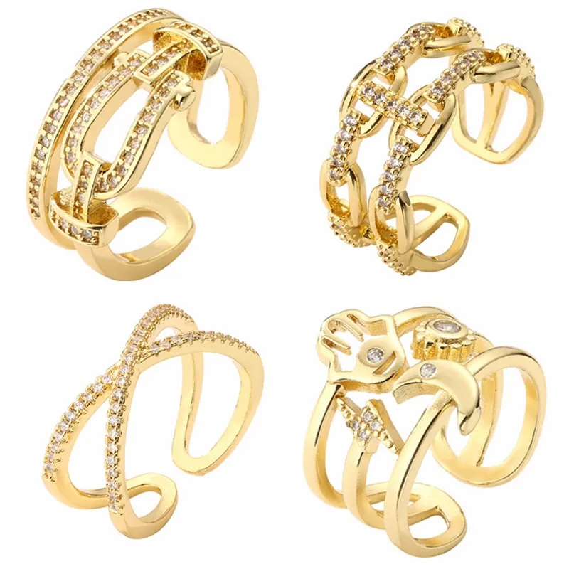 Adjustable Open Rings For Women Copper Gold Plated With Zircon Evil Eye Hamsa Hand Geometric Cross Style Fashion Jewelry