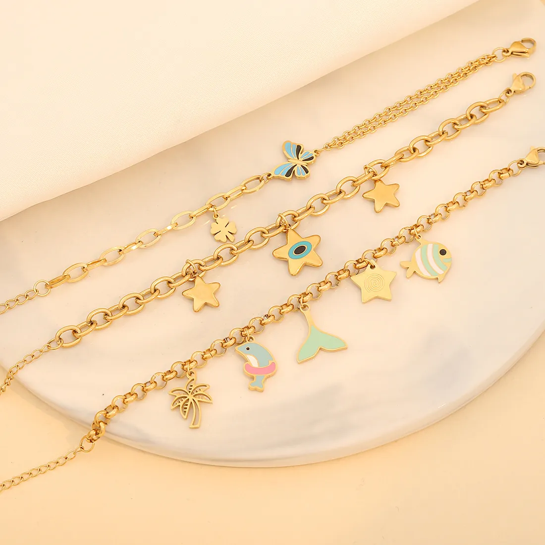 Bracelet À Charms En Acier Inoxydable Émail Papillon Étoile Dauphin Thème Marin Bijoux Pour Femmes Filles Style Été Tendance