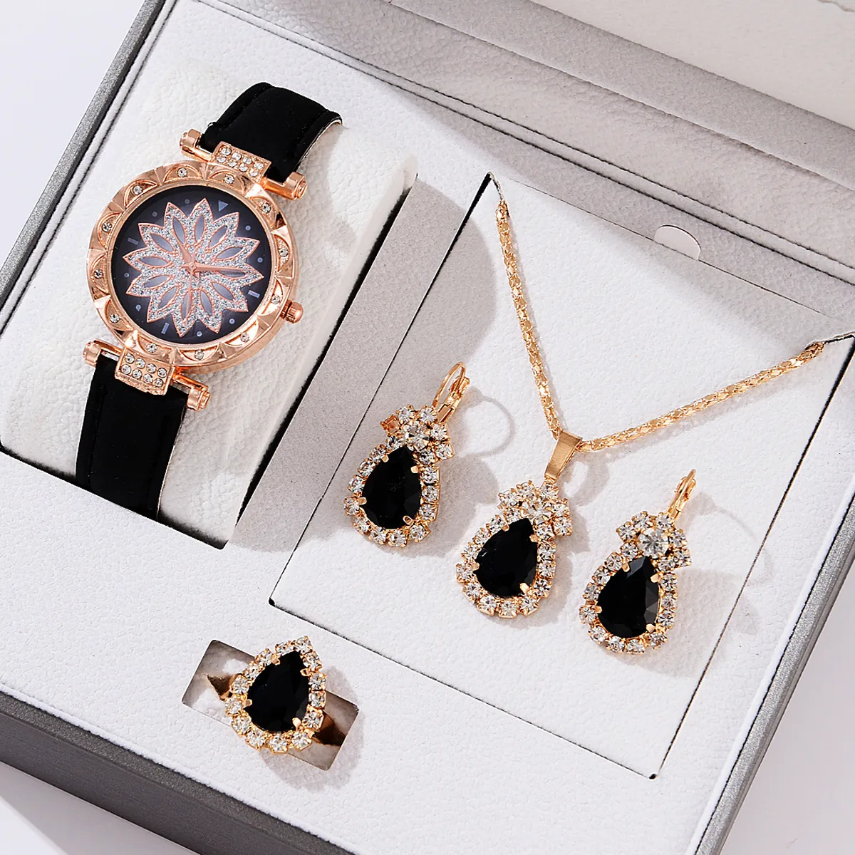 Women Watch Necklace Earrings Ring Jewelry Collection Elegant Rose Gold Floral Dial Rhinestone Heart Pendant Fashion Gift