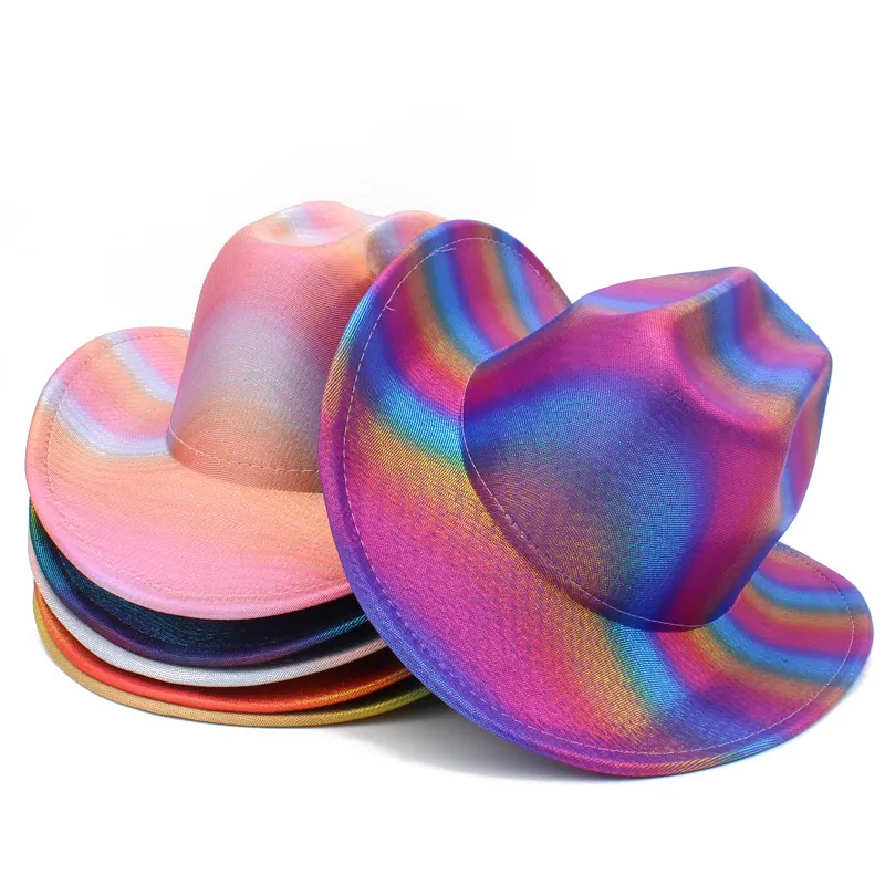 Western Cowboy Hat Rainbow Gradient Laser Metallic Cotton Polyester Wide Brim Party Carnival Festival Accessory For Men Women
