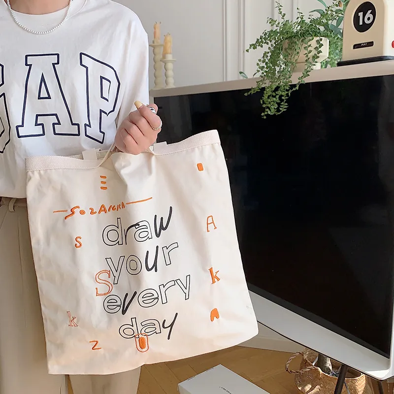 Canvas Tote Bag Women Korean Ins Graffiti Letter Print Embroidery Aesthetic Large Capacity Shoulder Bag For Students