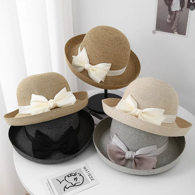 French Elegant Women Straw Woven Sun Hat With Large Satin Bow Rolled Edge Foldable Breathable Summer Beach Bucket Hat Fedora