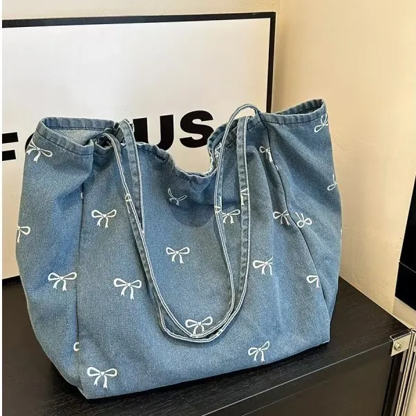 Γυναικεία Αστική Απλή Τσάντα Tote Denim Μεγάλη Χωρητικότητα Τύπωμα Φιόγκου Με Διακόσμηση Δαντέλα Vintage Μπλε Casual Τσάντα Ώμου