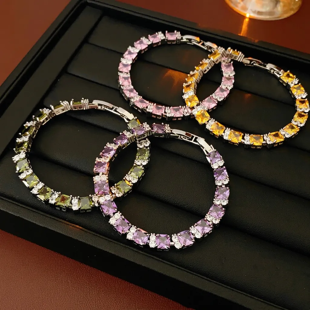 Elegante Pulsera De Zircón Cuadrado Vintage Light Luxury Brazalete De Cobre Con Zirconia Cúbica Colorida Joyería De Moda