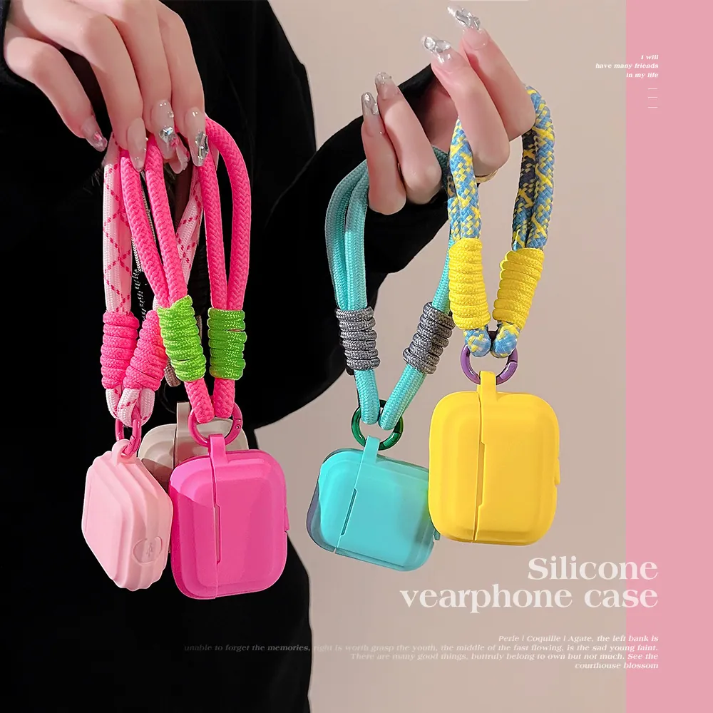 Wireless Earphone Case Silicone Protective Cover With Braided Lanyard Strap Contrast Color Soft Shell Shockproof For Earbuds