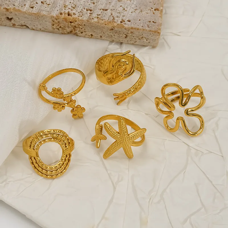 18K Gold Plated 304 Stainless Steel Open Rings For Women Starfish Mermaid Tail Floral Adjustable Jewelry Waterproof