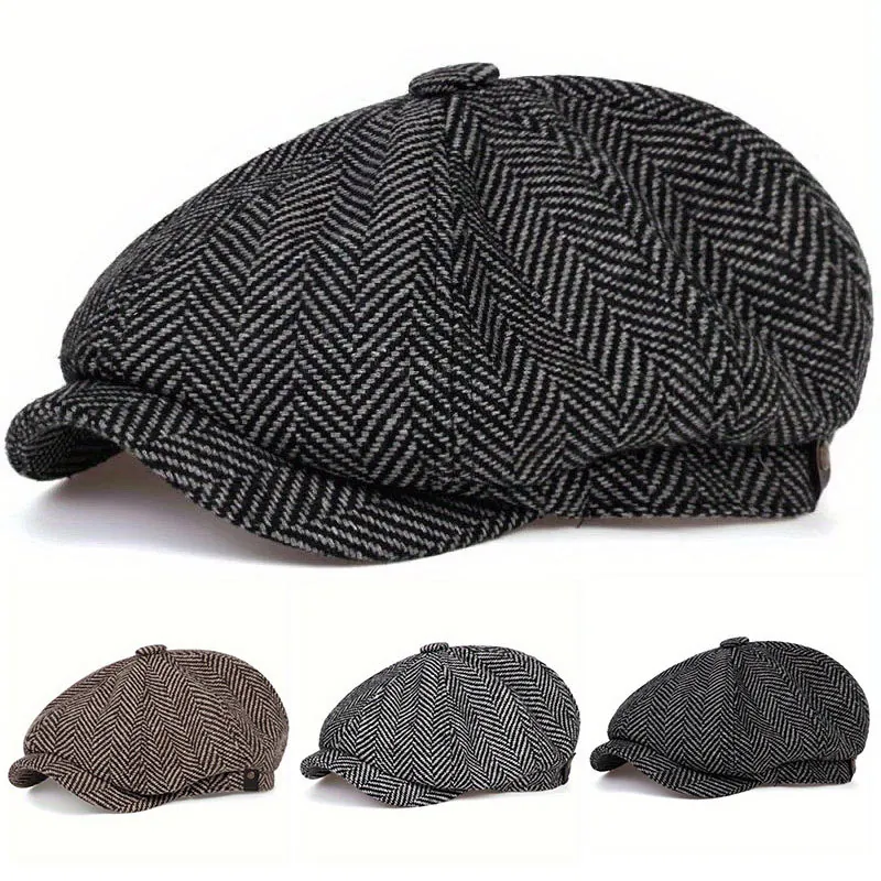 Vintage Herringbone Newsboy Cap For Women British Style Octagonal Baker Boy Beret Hat Cotton Blend Retro Painter Cap