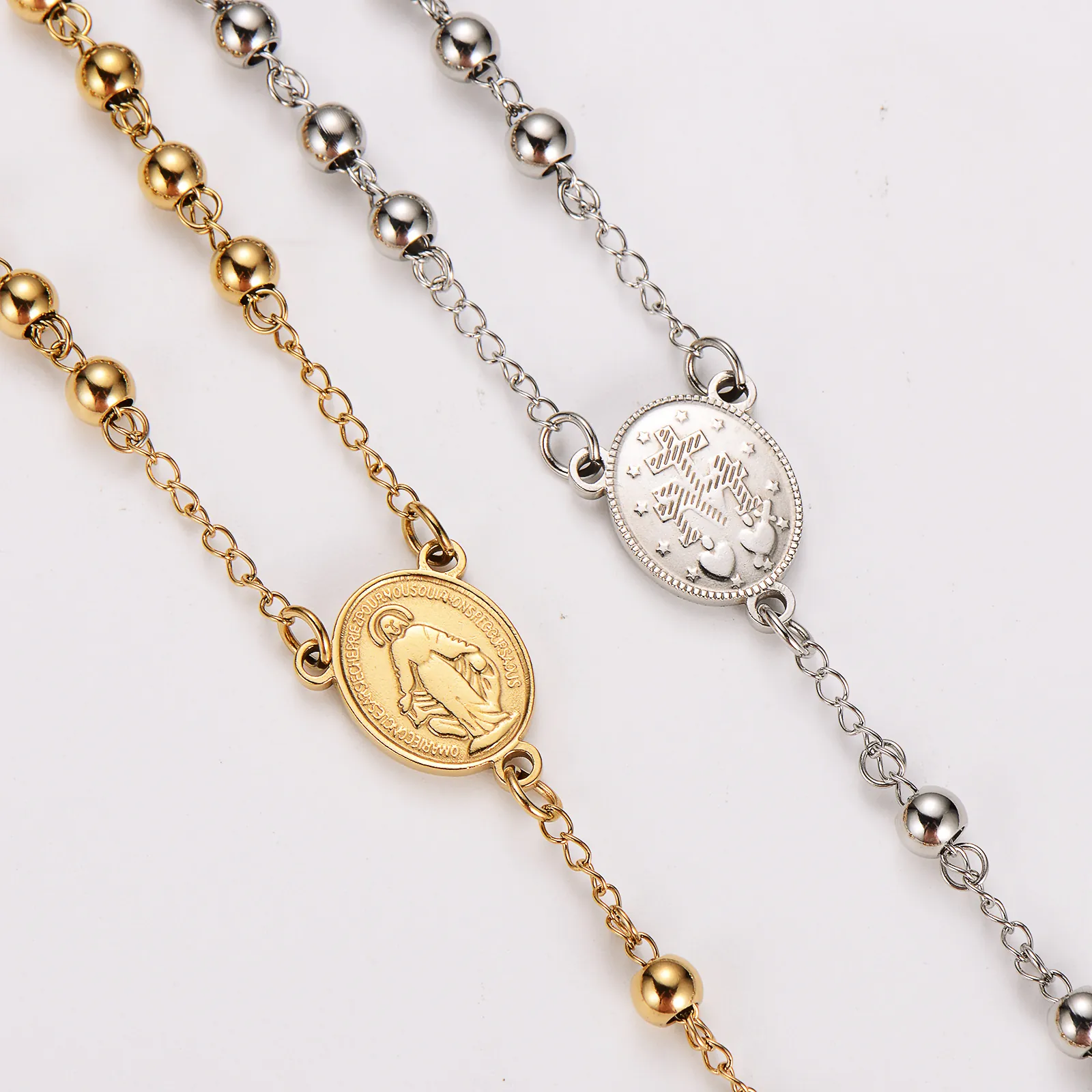 Rosary Necklace 304 Stainless Steel Religious Crucifix Miraculous Medal Pendant Round Beads Retro Prayer Style Men