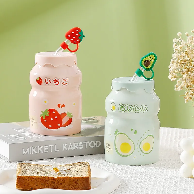 Ceramic Mug Yogurt Bottle Shape With Glass Straw And Silicone Lid Fruit Theme Heat Resistant Cup Office Students Gift