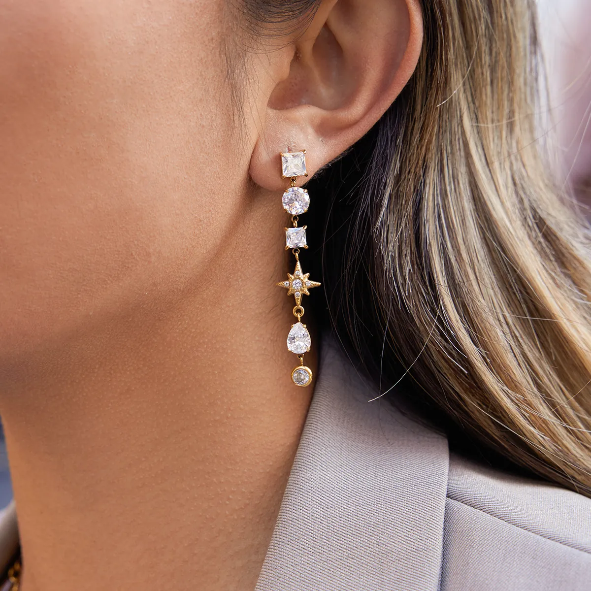 Boucles d'Oreilles Pendantes à Gland Octagramme en Acier Inoxydable Plaqué Or 18K pour Femmes Bijoux Géométriques en Strass