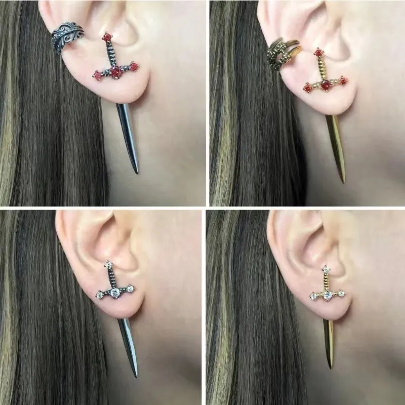 Gothic Sword Dagger Stud Earrings For Women Men Alloy Rhinestone Jewelry With 925 Sterling Silver Earring Post Punk Gift