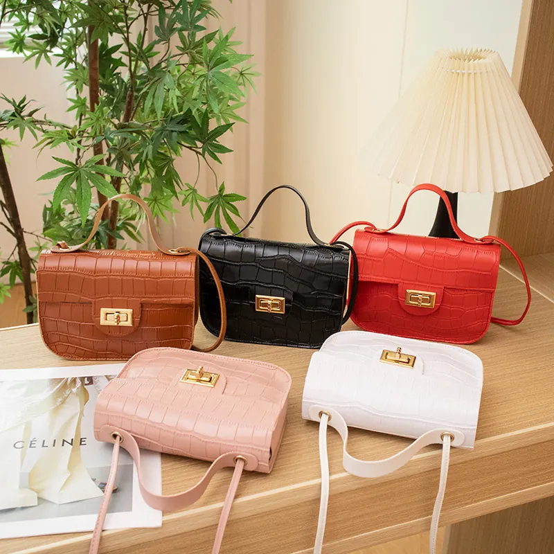 Mode Vrouwen PU Lederen Handtas Steenpatroon Kleine Vierkante Tas Top Handvat Schouder Crossbody Tas Flapsluiting Slot Satchel Tas