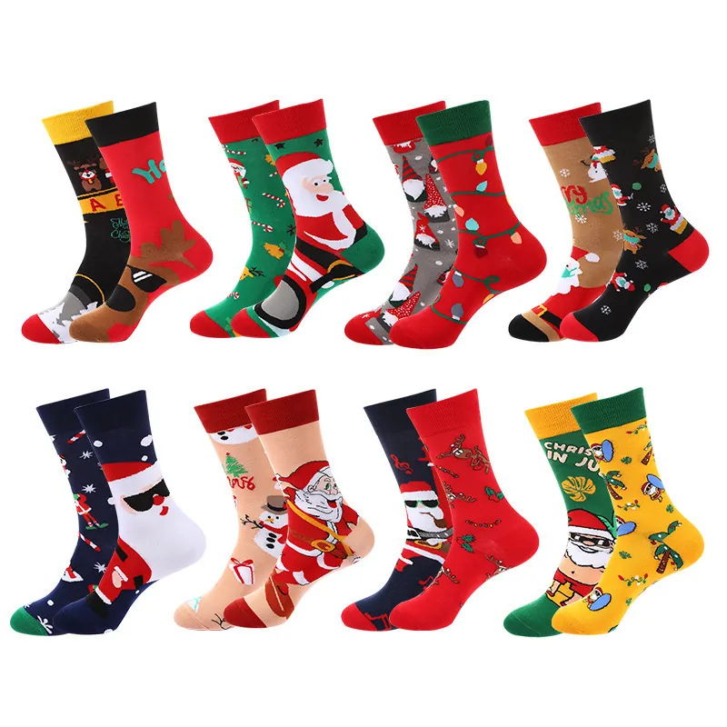 Christmas Cotton Crew Socks Breathable Mid Calf Santa Reindeer Snowman Patterns Holiday Theme For Men And Women