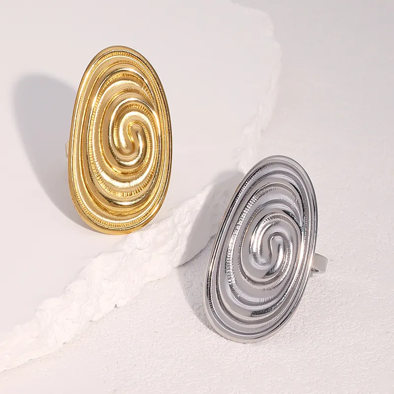 Minimalist 18K Gold Plated Stainless Steel Spiral Vortex Geometric Open Ring For Women Vintage Disk Adjustable Jewelry