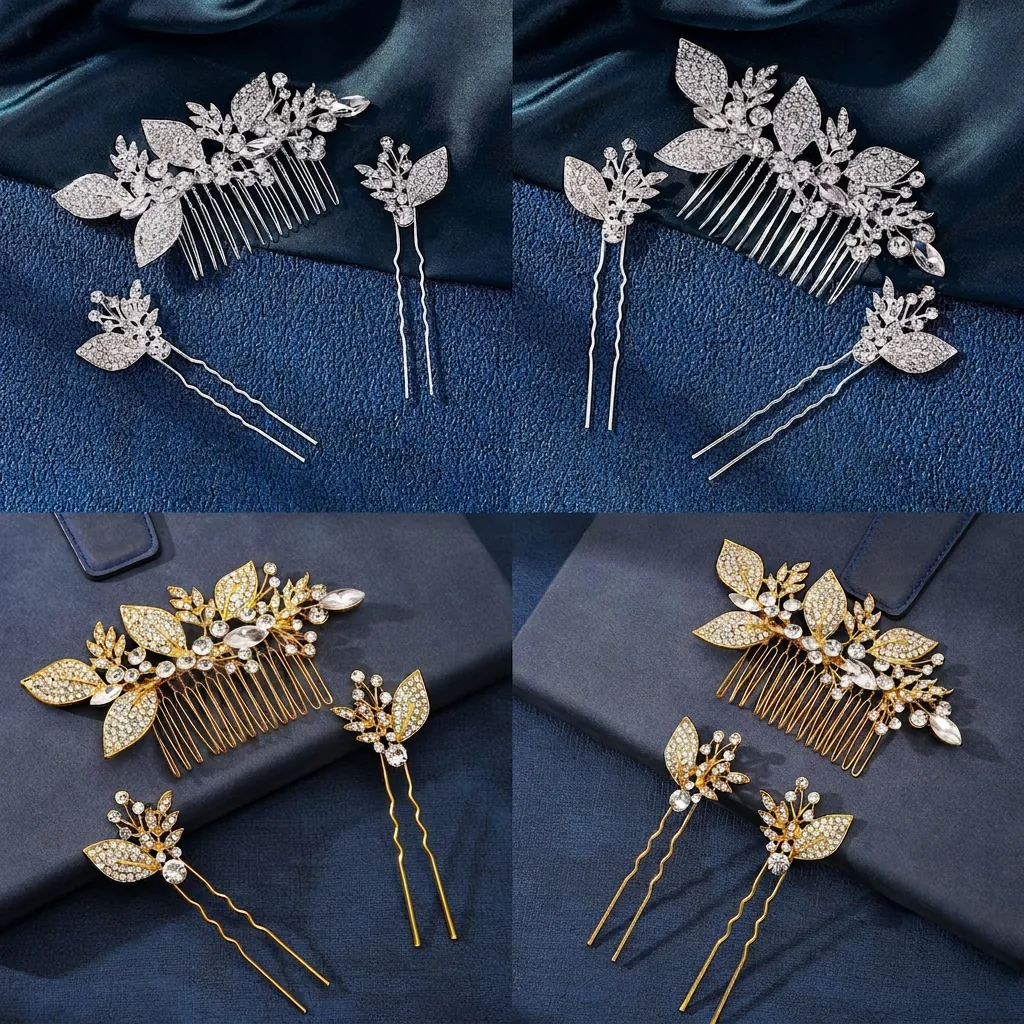 Alloy Rhinestone Crystal Bridal Hair Comb And Hair Pins Elegant Flower Leaf Design Wedding Accessories For Women