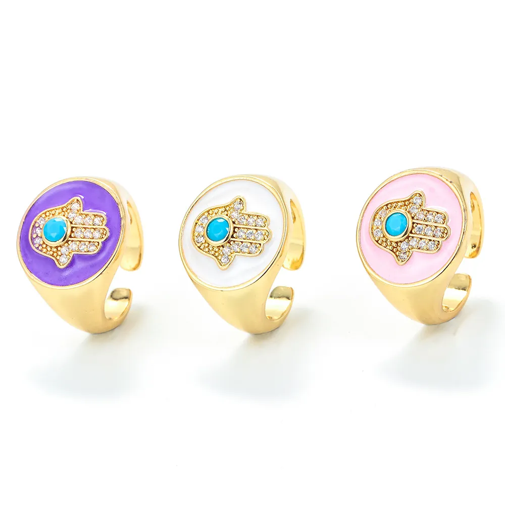 Vintage Hamsa Hand Verstelbare Open Ring Koper Zirkonia Emaille Boze Oog Vingerring Voor Vrouwen Verguld Boheems Sieraden