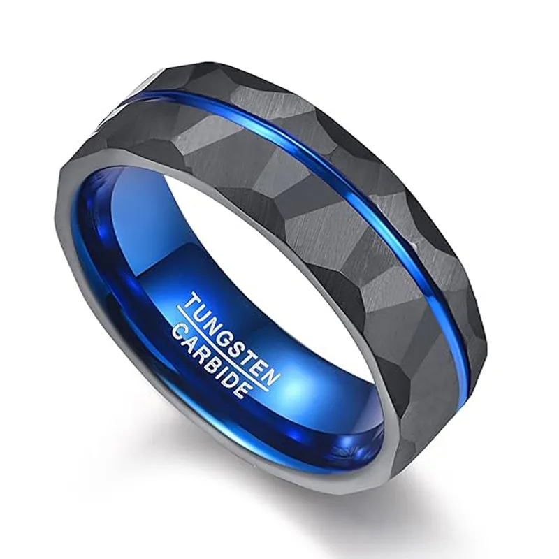 Tungsten Carbide Band Ring Hammered Finish Black Blue Two Tone Beveled Edge Classic Fashion Jewelry For Men