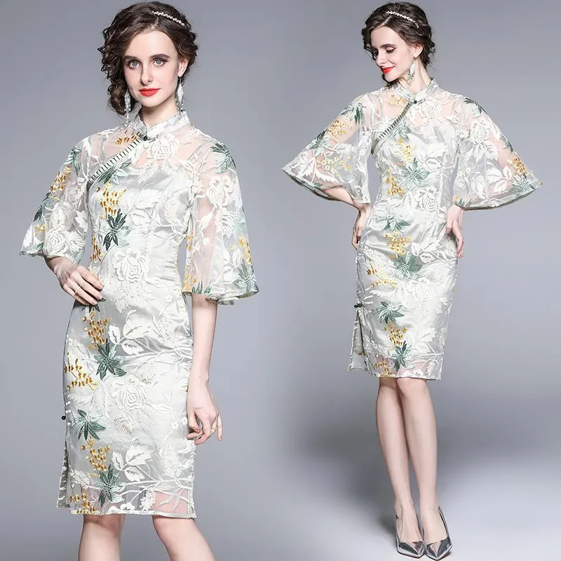 Improved Qipao Dress Chinese Style Lace Mesh Embroidery With Sequins Stand Collar Flare Sleeve Midi Length Elegant