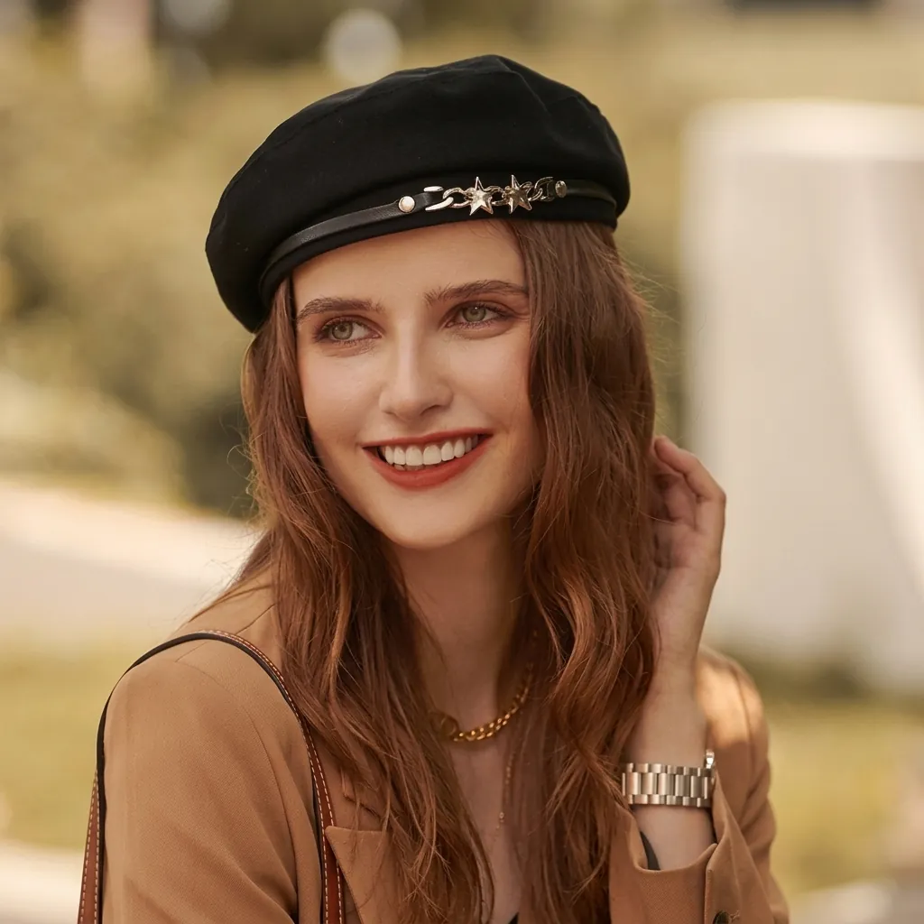Retro Japanese Twill Cotton Beret For Women Autumn Winter Solid Color Painter Hat With Metal Star Chain Decoration Fashion Accessory