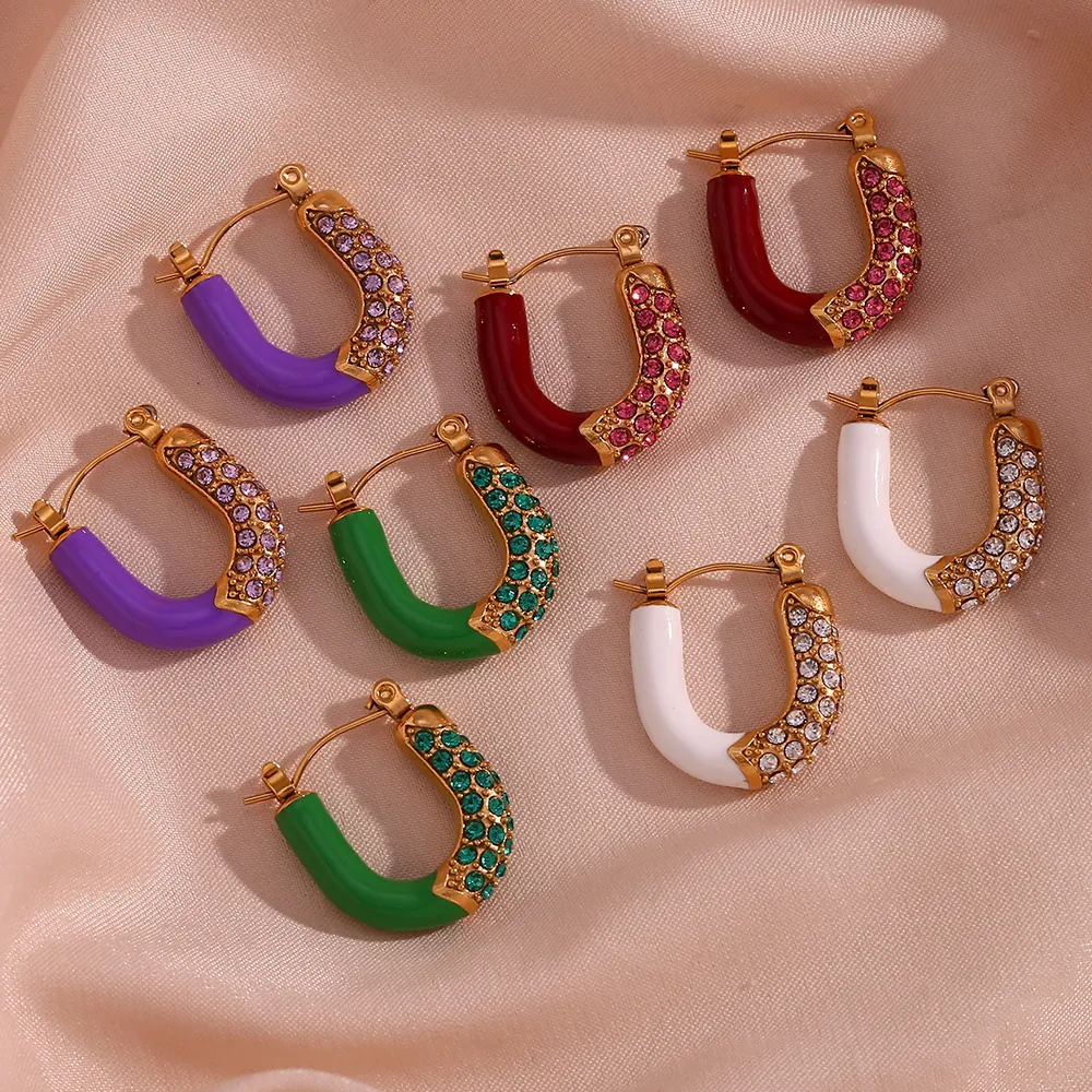 Stainless Steel U-Shaped Enamel Hoop Earrings For Women Gold Plated Zirconia Geometric Inlaid Oil Drop Earrings Fashion Jewelry Gift