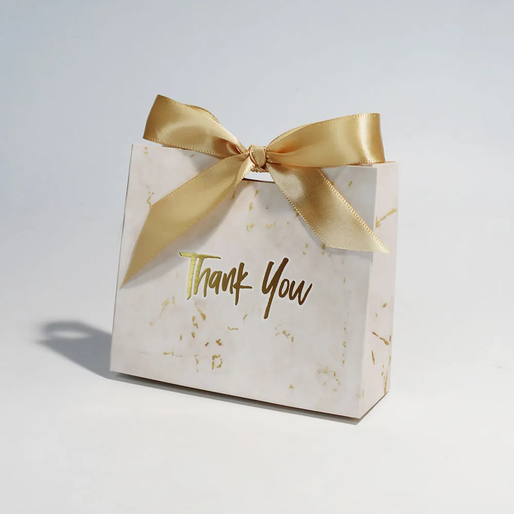 Marble Pattern Thank You Candy Boxes Gift Bags With Satin Ribbon Bow Gold Foil For Wedding Party Favors Elegant Packaging