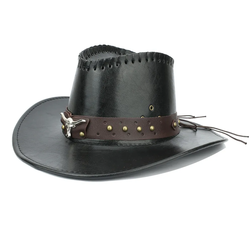 Chapeau De Cowboy Western Rétro Simili Cuir Large Bord Ornement Métal Tête De Taureau Rivets Hommes Femmes Protection Solaire