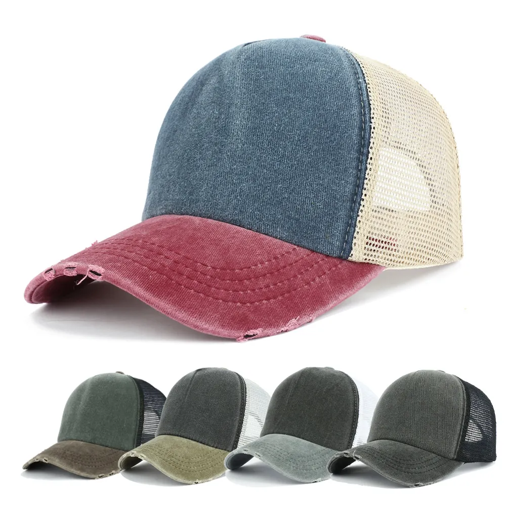 Vintage Washed Cotton Mesh Trucker Hat Distressed Brim Streetwear Adjustable Snapback Sun Protection Cap For Men Women