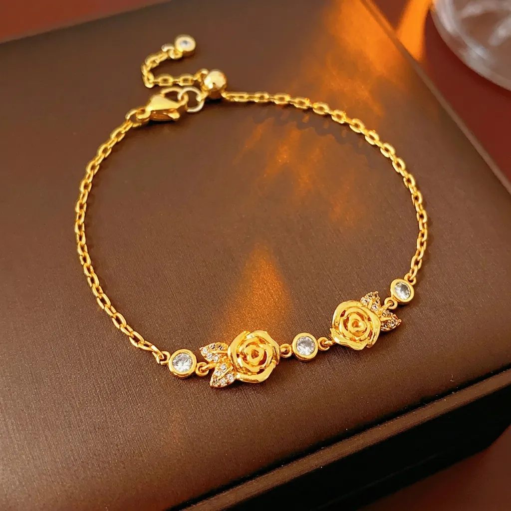 Bracelet Fleur Rose Plqué Or Cuivre Zircon Incrusté Chaîne Réglable Mode Rétro Bijoux Élégants Pour Femmes