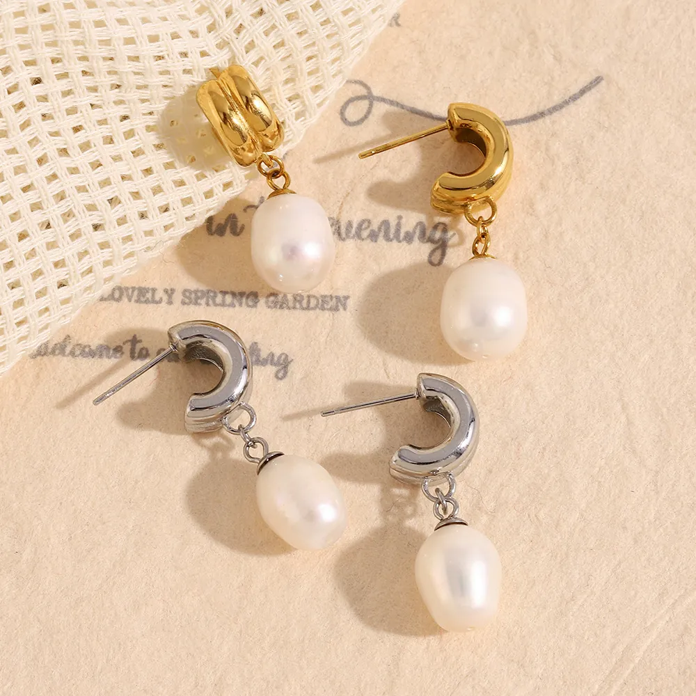 Elegant Artificial Baroque Pearl Drop Earrings Stainless Steel 18K Gold Plated French Vintage Minimalist C Shape Jewelry For Women