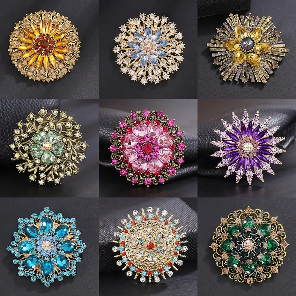 Vintage Sunburst Flower Brooch For Women Alloy Rhinestone Baroque Style Floral Elegant Exaggerated Clothing Accessory
