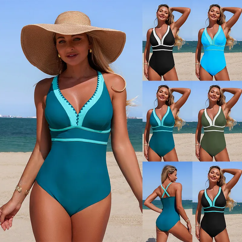Damen Badeanzug Tiefer V Ausschnitt Kontrast Zickzack Besatz Kreuzgurte Schnelltrocknend Nylon Hohe Elastizität Strand